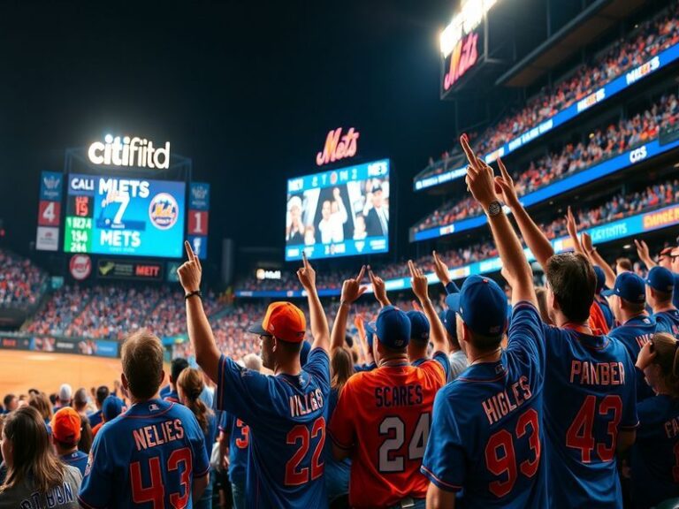 A vibrant scene from a Mets game, featuring cheering fans, players in action, and the iconic Citi Field backdrop.