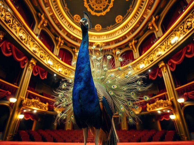 An exterior shot of the Peacock Theater showcasing its Art Deco architecture, with a vibrant marquee and audience arriving fo