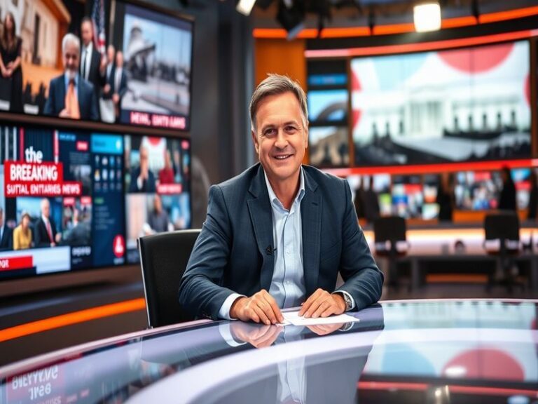 A professional image of Huw Edwards presenting in a studio, surrounded by screens displaying news graphics, conveying a moder