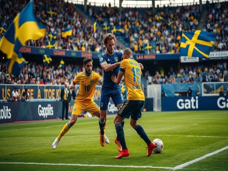 A split image showing a football match between Ukraine and Sweden, with fans cheering, and a backdrop of flags representing b