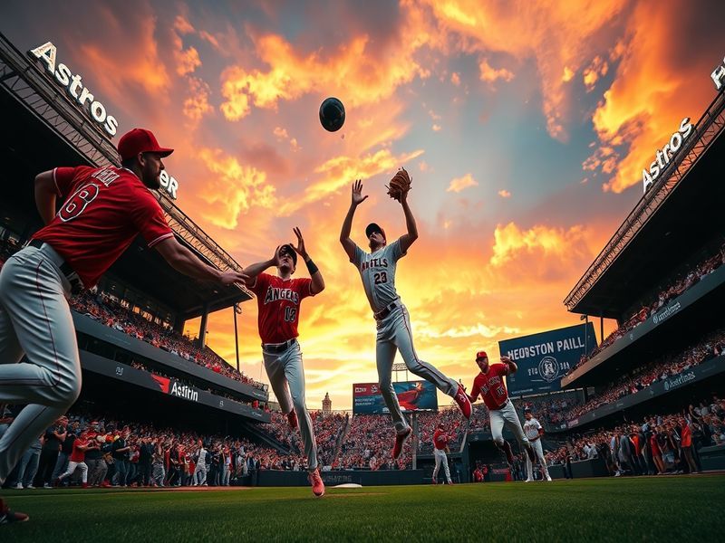 A vibrant baseball stadium filled with fans wearing Angels and Astros gear, showcasing the excitement of a rivalry game.
