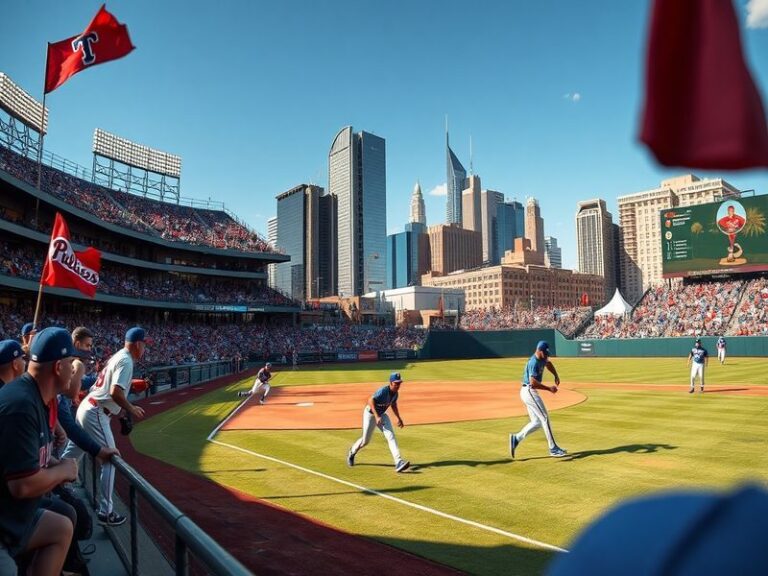A split-screen image showing the Texas Rangers and Philadelphia Phillies dugouts during a tense playoff game, with players an