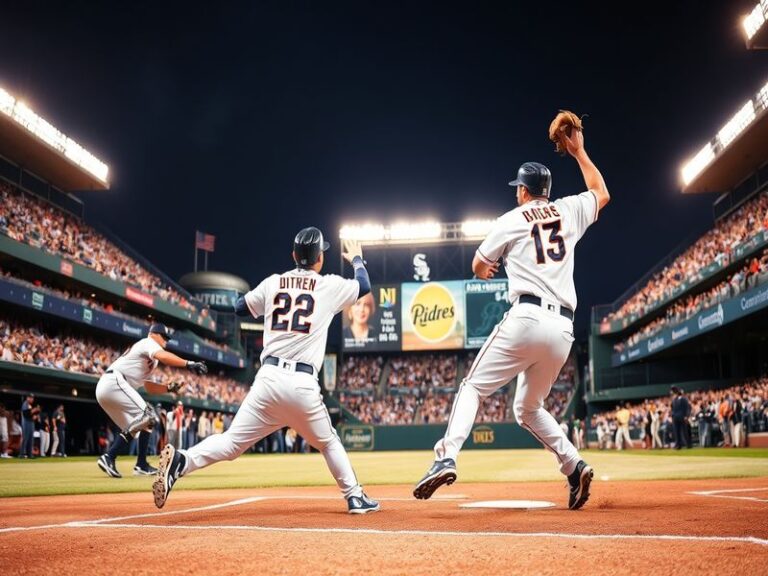 A vibrant image showcasing a baseball game between the Detroit Tigers and San Diego Padres, featuring players in action, enth