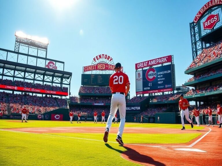 An action shot of a Red Sox vs. Reds game, featuring players in their iconic uniforms, a packed stadium, and fans cheering pa
