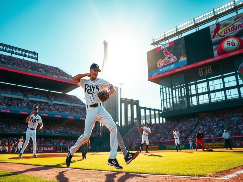 A dynamic image capturing a tense moment in a baseball game between the Rays and Cardinals, featuring players in action, a vi