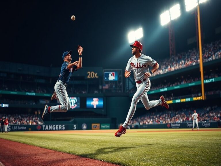 A dynamic image of Texas Rangers and Philadelphia Phillies players in action during a game, showcasing the intensity and exci