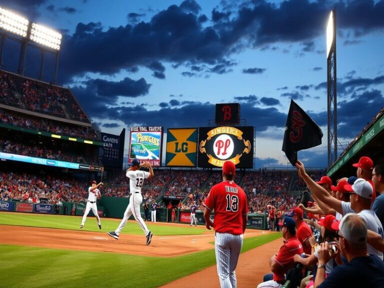 An action shot of a Texas Rangers vs. Philadelphia Phillies game, showcasing players in dynamic poses, with fans cheering in