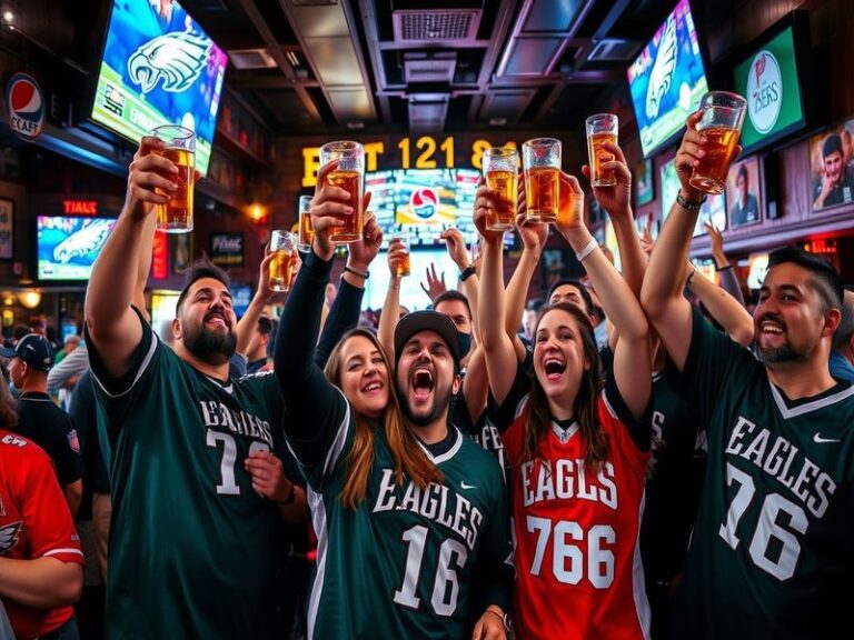 A vibrant image of Philadelphia's skyline with fans cheering in the foreground, showcasing the city's passion for sports.