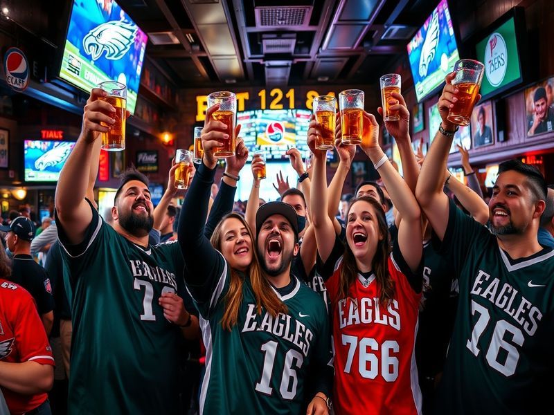 A vibrant image of Philadelphia's skyline with fans cheering in the foreground, showcasing the city's passion for sports.