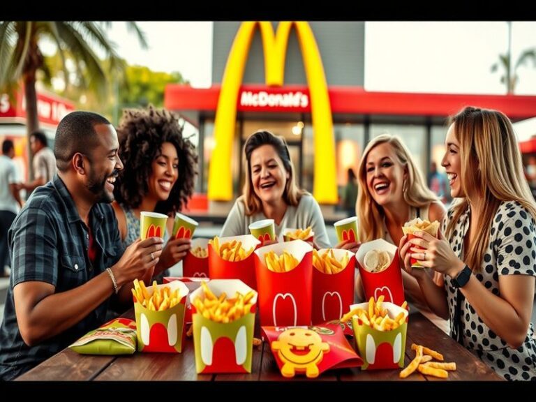 A stylized photo of a McDonald's Adult Happy Meal box with a gourmet burger, fries, and a collectible toy like a mini Lego fi