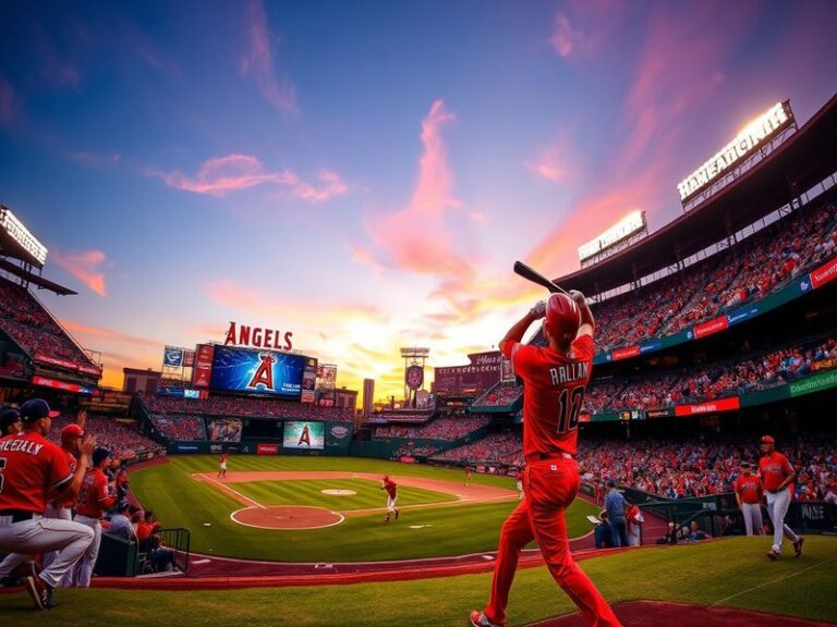 A vibrant image of Angel Stadium filled with fans during a night game, showcasing the excitement and energy of a baseball gam
