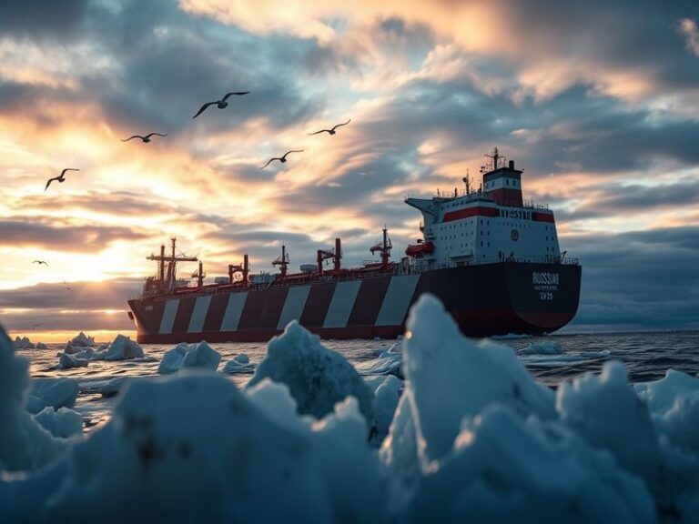 Aerial view of a large oil tanker sailing through choppy waters, with distant cargo ships and an industrial port in the backg