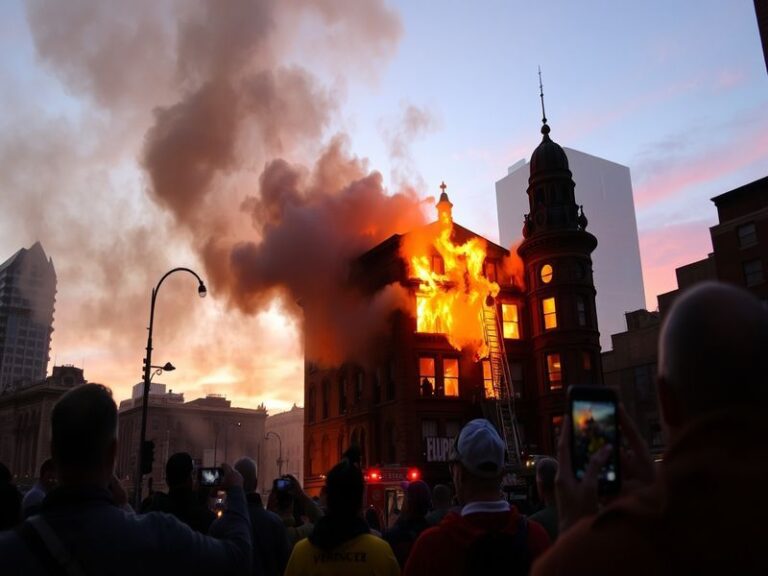 A dramatic scene depicting the Denver fire, with smoke billowing against a backdrop of urban buildings, showcasing both destr