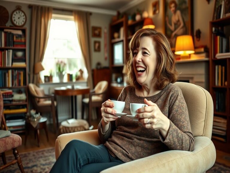 A candid shot of Diane Morgan on stage, laughing with the audience, highlighting her engaging comedic style and vibrant stage