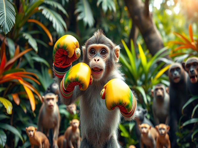 An engaging illustration of a playful monkey in a humorous pose, surrounded by social media icons and sports elements, convey