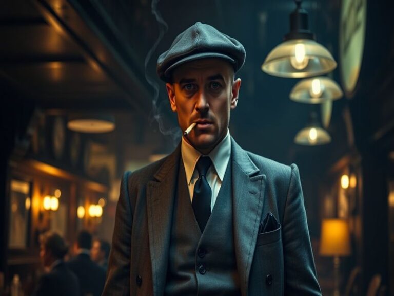 A moody, cinematic shot of Paul Anderson on set with the Peaky Blinders cast, featuring dramatic lighting, vintage cars, and