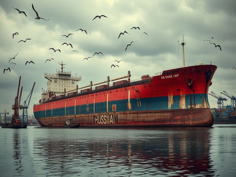 A dynamic scene of a Russian oil tanker navigating through icy waters, with a backdrop of snow-capped mountains, symbolizing