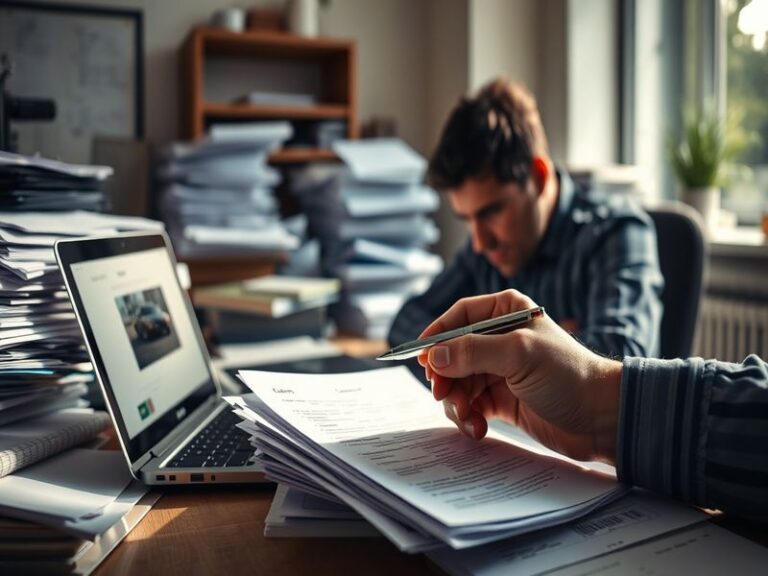 An image depicting a frustrated car buyer reviewing finance documents, with a car in the background and a concerned expressio