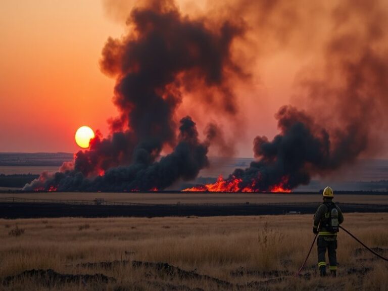 A dramatic landscape of Nebraska showing the aftermath of wildfires, with scorched earth and smoke rising in the background.
