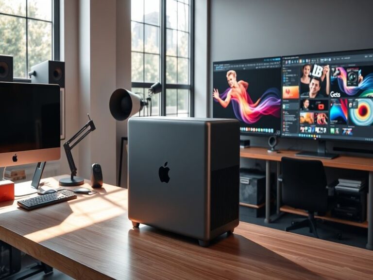 An image of the Mac Pro showcasing its sleek design and powerful hardware setup, set within a modern creative workspace.