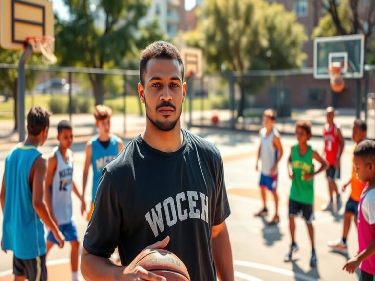 A dynamic basketball scene showing Luke Murray coaching a diverse group of young athletes on a court, emphasizing teamwork an