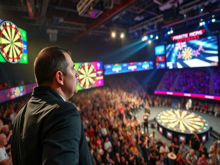 An action shot of a darts player in mid-throw, surrounded by an enthusiastic crowd during a Premier League Darts match.
