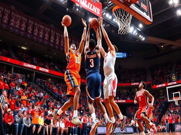 A split-screen image showing Illinois guard Terrence Shannon Jr. driving to the basket against Houston's defense, with the sc