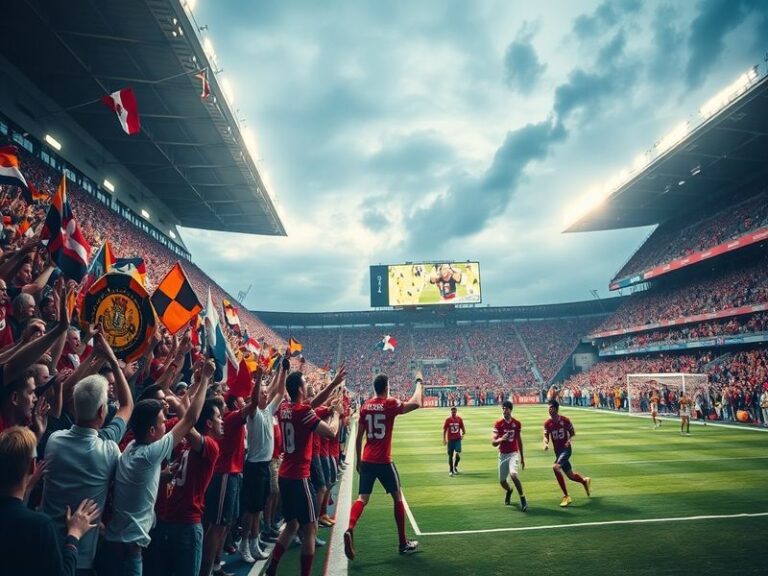 A vibrant football stadium filled with cheering fans, showcasing the excitement of a live match, with players in action on th