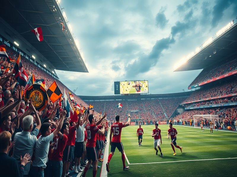 A vibrant football stadium filled with cheering fans, showcasing the excitement of a live match, with players in action on th