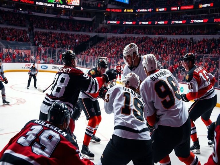 An action shot of a Blackhawks vs Flyers game, capturing players in dynamic motion on the ice, with fans cheering in the back