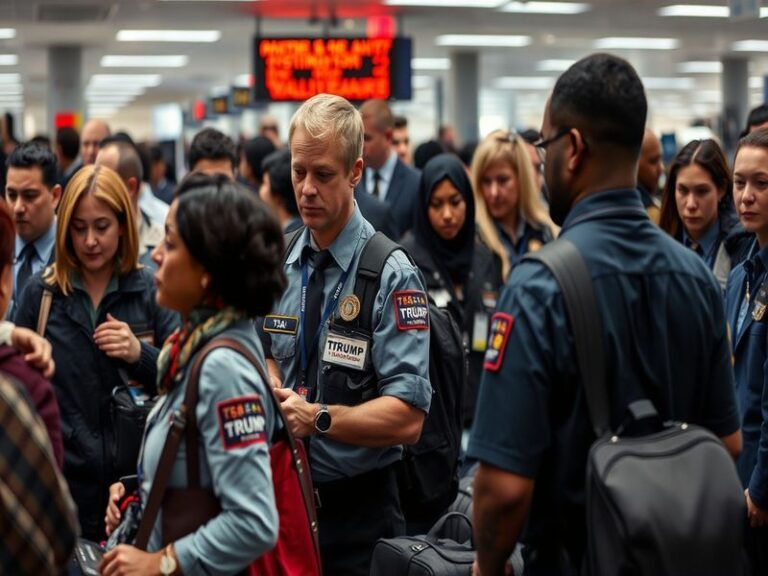 A split-image illustration showing a TSA security checkpoint on the left with long lines of travelers and an empty checkpoint