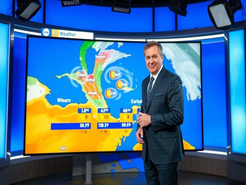 A weather map displayed on a television screen, showing localized forecasts and radar images, with a meteorologist presenting