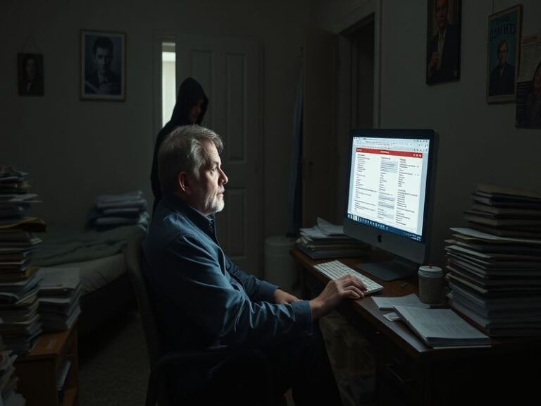 A close-up of a person filling out a benefits form with a magnifying glass highlighting discrepancies, set in a dimly lit off