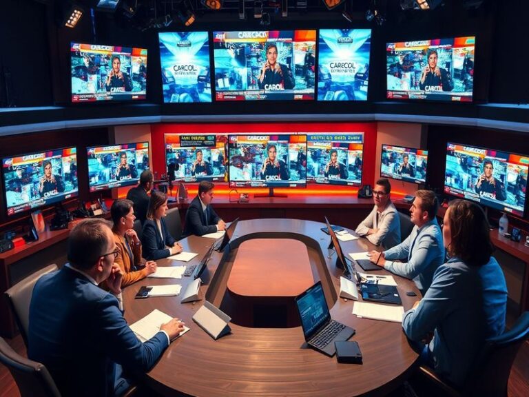 A vibrant collage of Caracol TV's popular shows and news segments, showcasing a lively studio setting with diverse Colombian