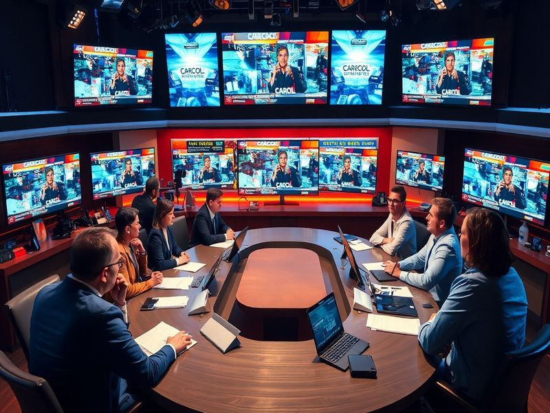 A vibrant collage of Caracol TV's popular shows and news segments, showcasing a lively studio setting with diverse Colombian