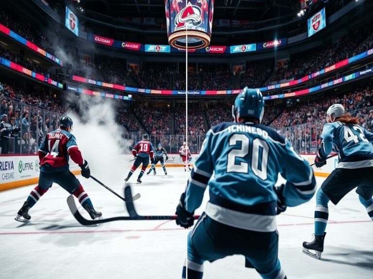 A dynamic image showcasing a thrilling moment from a game between the Colorado Avalanche and Winnipeg Jets, featuring players