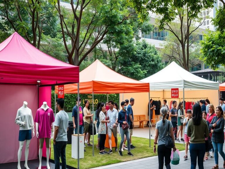 A well-lit urban scene featuring a diverse group of people wearing Uniqlo Field clothing in everyday settings—walking in the