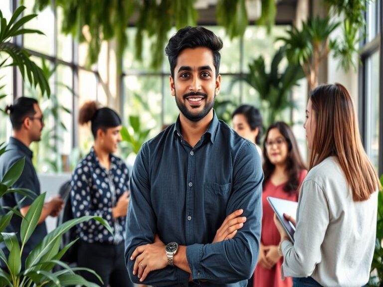 A professional portrait of Sheldon Rodrigues, showcasing him speaking at a tech conference, with an engaged audience in the b
