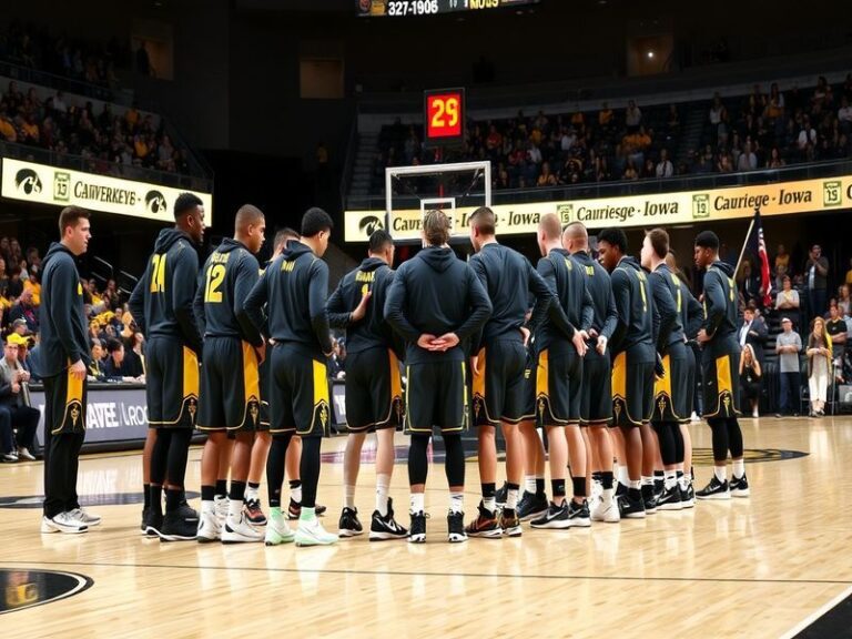 A dynamic image of the Iowa basketball team during practice, showcasing players in action, with a focus on teamwork and inten