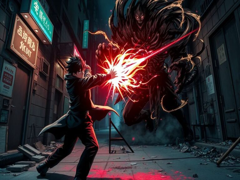 A dramatic scene from Jujutsu Kaisen showcasing Yuji Itadori in action, with vibrant colors highlighting the intensity of a b