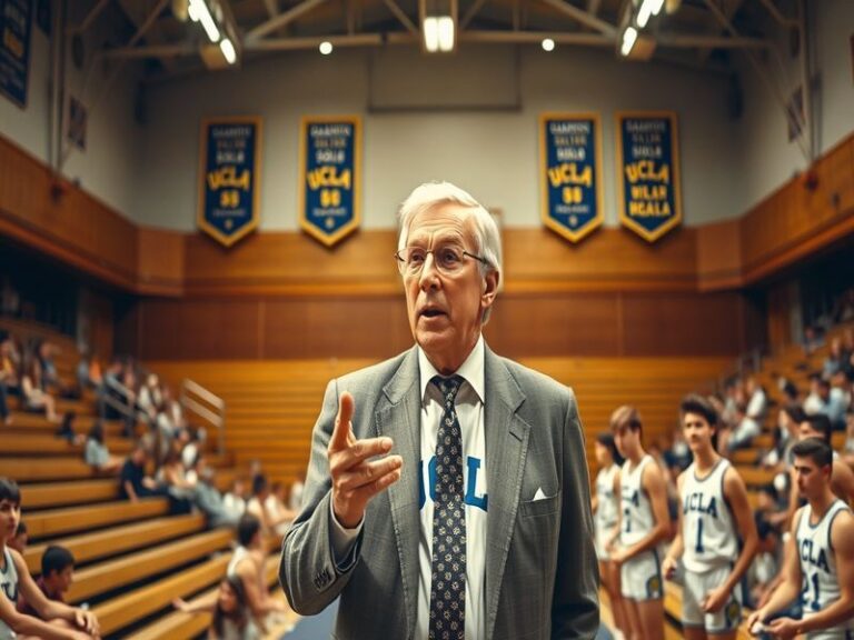 An inspirational image of John Wooden on the basketball court, surrounded by his players, illustrating teamwork and leadershi