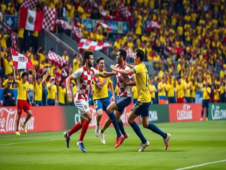 A vibrant soccer stadium filled with fans, showcasing Croatian and Colombian flags, with players warming up on the pitch.