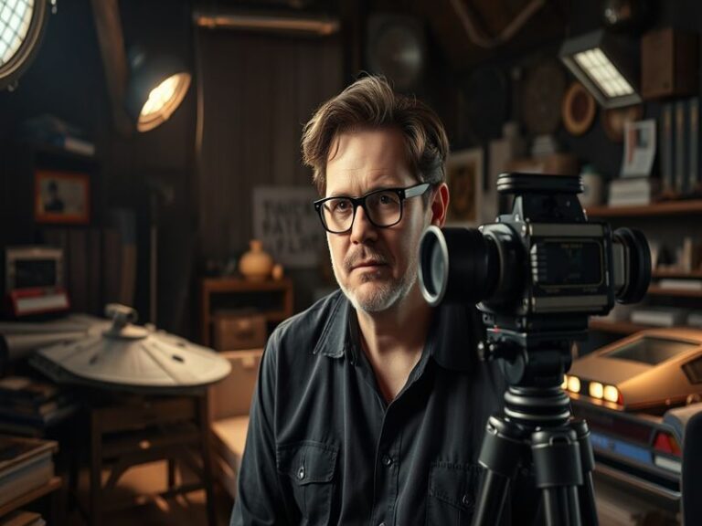 A dynamic split-screen image of J.J. Abrams on set directing a large-scale sci-fi scene, blending vintage Hollywood glamour w