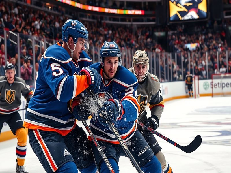 A dynamic hockey scene showcasing Oilers and Golden Knights players in action, highlighting the intensity of their rivalry on