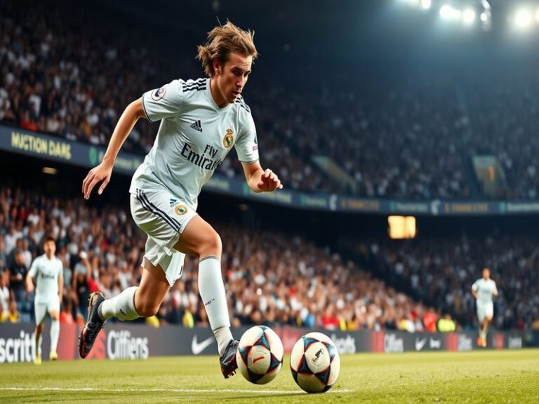 An action shot of Luka Modric in his Real Madrid kit, dribbling the ball during a match, with fans cheering in the background