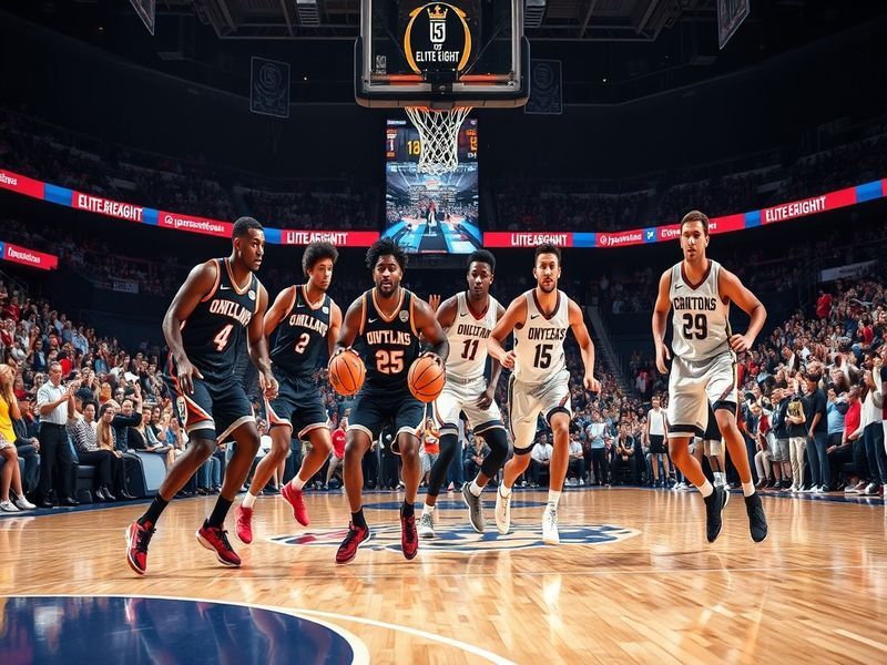 A vibrant scene showcasing fans in team colors celebrating during an Elite Eight game, capturing the energy and excitement of