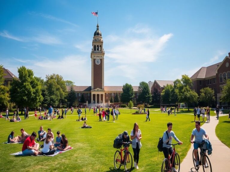 A picturesque view of Purdue University's campus, showcasing students engaged in various activities, with iconic buildings in