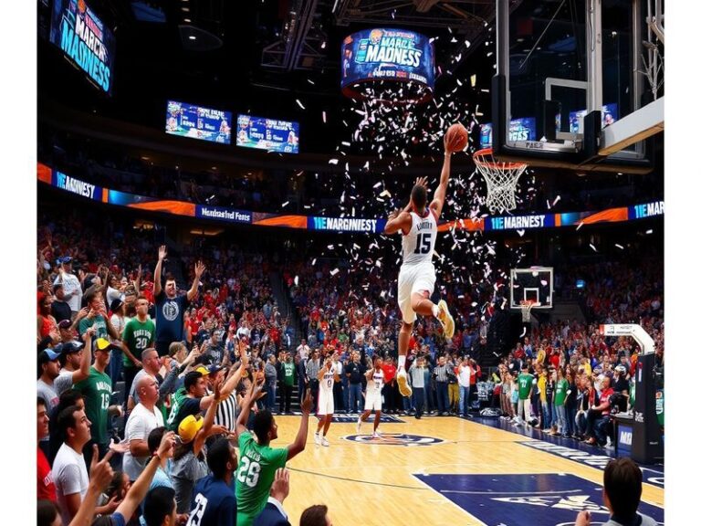 A vibrant scene of fans cheering in a packed arena during a March Madness game, showcasing team colors and excitement.
