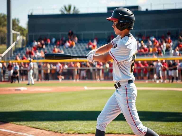 A dynamic action shot of Chase DeLauter in a baseball uniform, swinging a bat at a ball during a game, showcasing his athleti