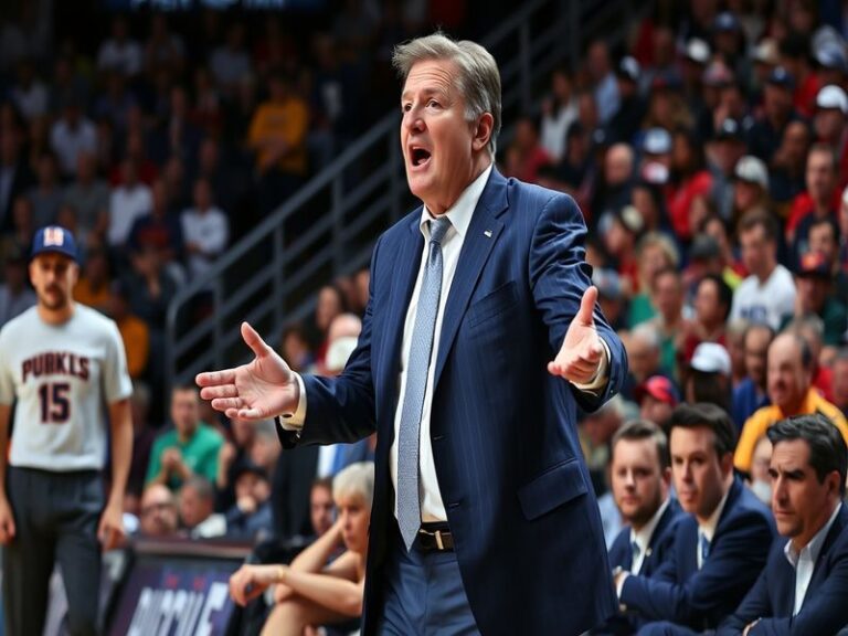 An action shot of John Calipari coaching a game, highlighting his dynamic presence on the sidelines, with players engaged in